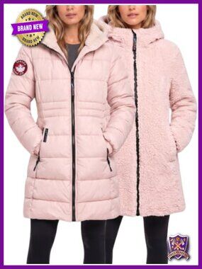 Reversible Sherpa Puffer Long Winter Coat Hooded Women